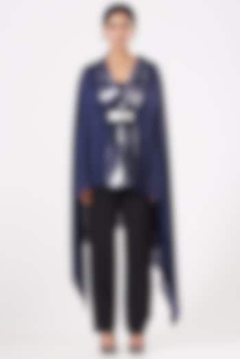 Navy Blue Chiffon Cape With Belt by Amit Aggarwal at Pernia's Pop Up Shop