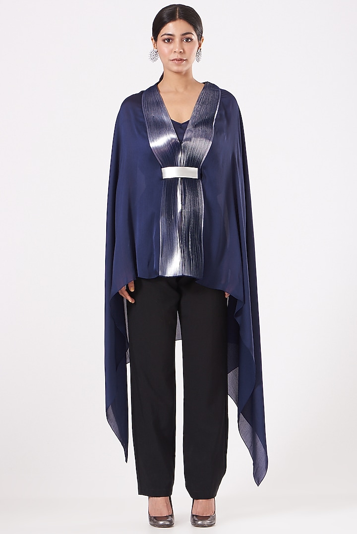 Navy Blue Chiffon Cape With Belt by Amit Aggarwal at Pernia's Pop Up Shop