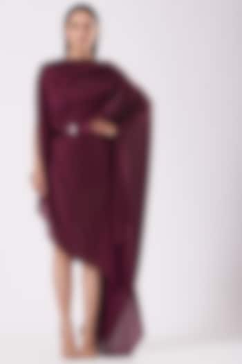 Plum Metallic Draped Dress With Belt by Amit Aggarwal