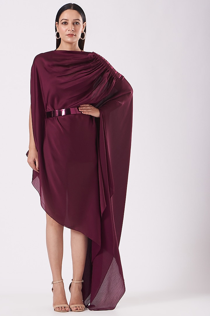 Plum Metallic Draped Dress With Belt by Amit Aggarwal