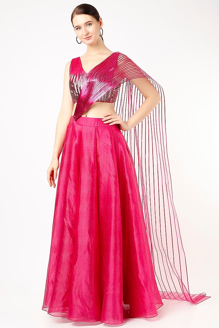 Fuchsia Pink Striped Fabric Tulle Lehenga Set by Amit Aggarwal