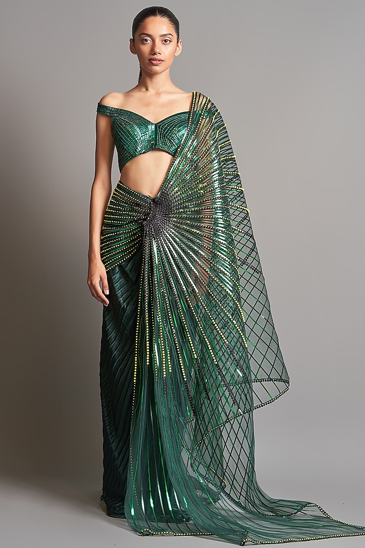 Forest Green Net Saree Set by Amit Aggarwal