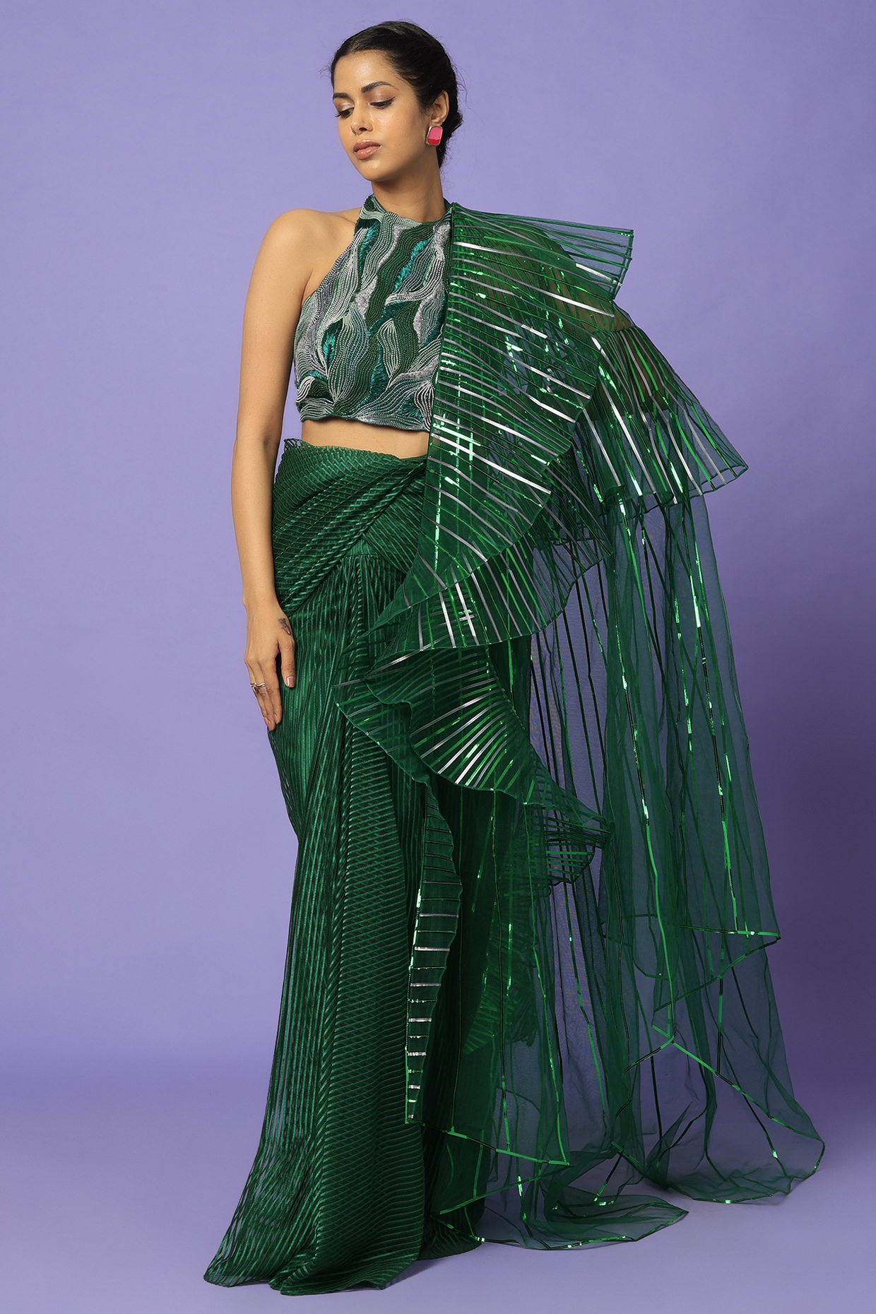 Emerald Green Metallic Polymer Pre-Draped Reception Saree Set by Amit Aggarwal at Pernia's Pop Up Shop