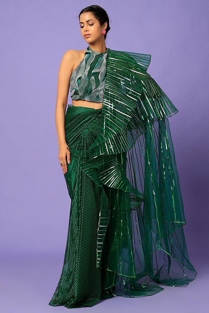 Emerald Green Metallic Polymer Pre-Draped Saree Set Design by Amit ...