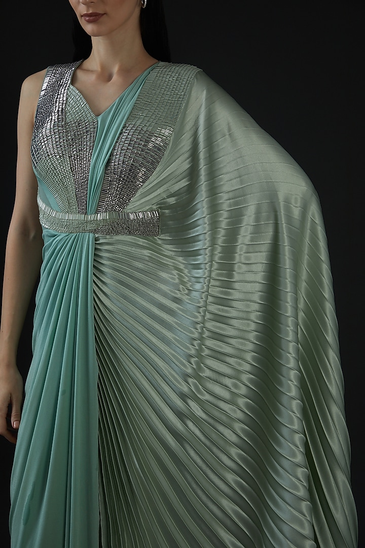 Emerald Ombre Jersey Reception Gown Saree by Amit Aggarwal at Pernia's Pop Up Shop