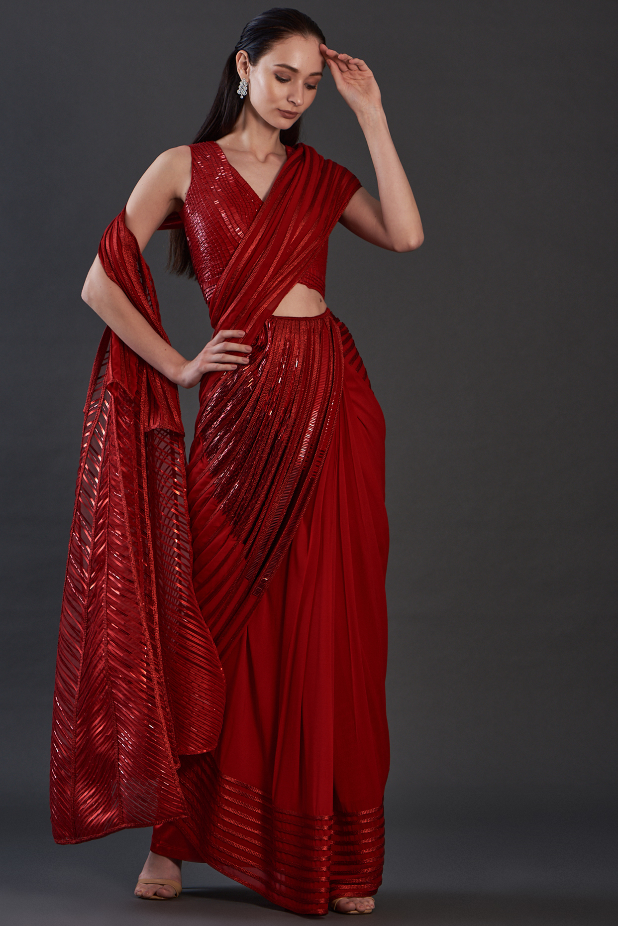 Red Chiffon Embroidered Saree Set by Amit Aggarwal