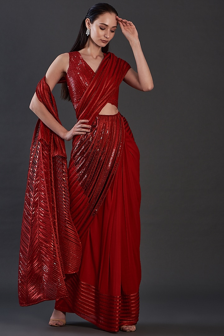 Red Chiffon Embroidered Saree Set by Amit Aggarwal