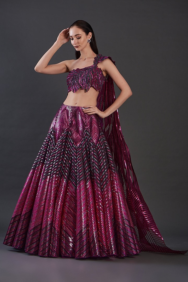 Fuchsia Polymer Striped Bridal Lehenga Set by Amit Aggarwal at Pernia's Pop Up Shop
