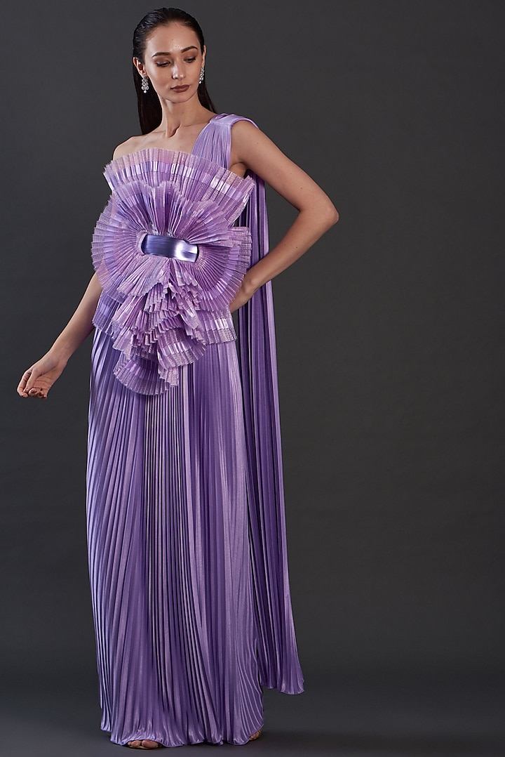 Lavender Metallic & Chiffon Gown Saree by Amit Aggarwal