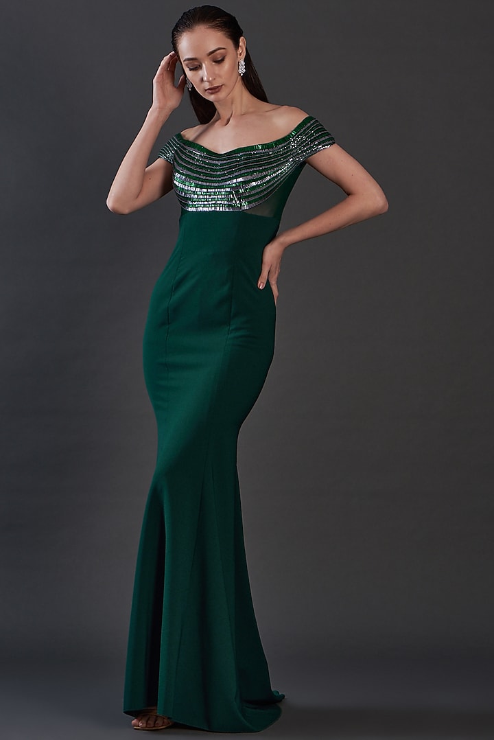 Teal Blue Chiffon Wedding Gown by Amit Aggarwal at Pernia's Pop Up Shop