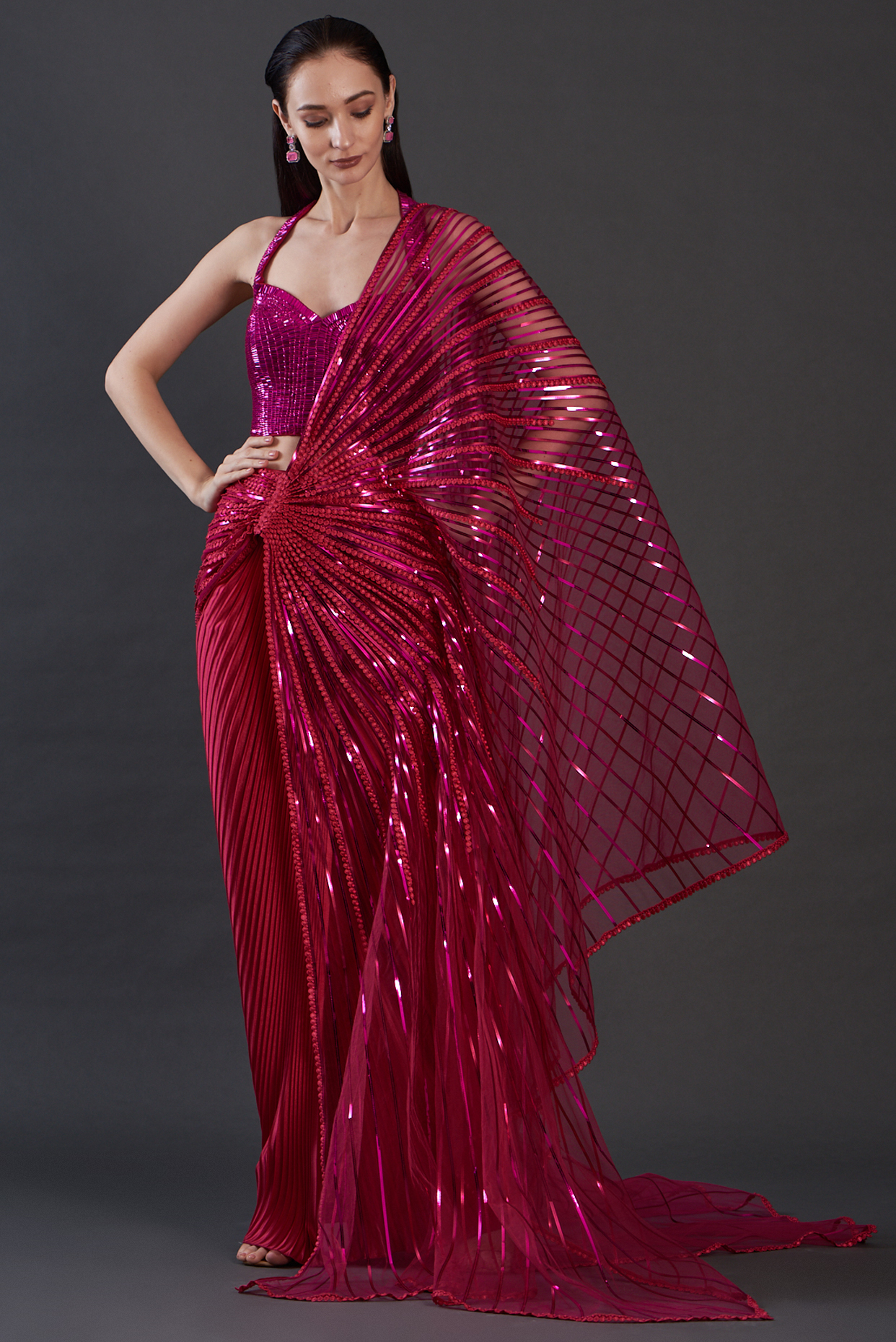 Fuchsia Chiffon & Metallic Draped Reception Saree Set by Amit Aggarwal at Pernia's Pop Up Shop