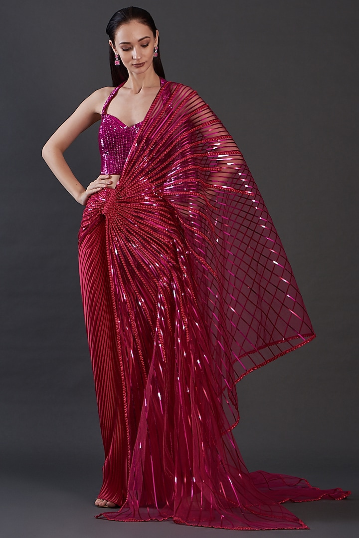 Fuchsia Chiffon & Metallic Draped Reception Saree Set by Amit Aggarwal at Pernia's Pop Up Shop