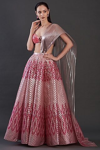 Blush Pink Striped & Tulle Lehenga Set by Amit Aggarwal