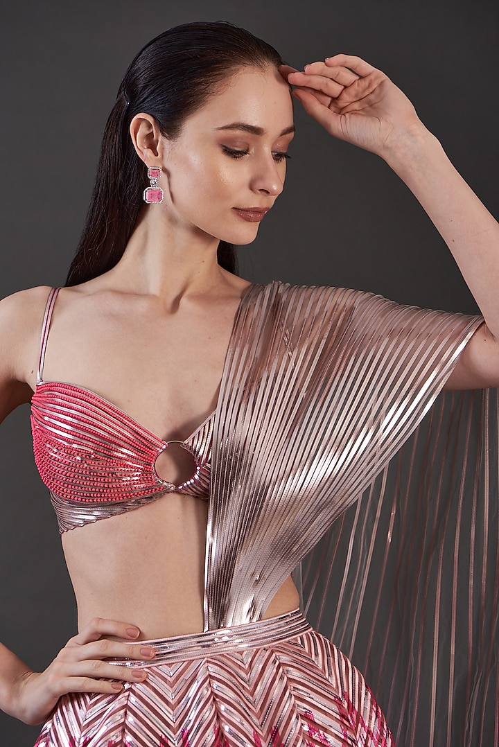 Blush Pink Striped & Tulle Bridal Lehenga Set by Amit Aggarwal at Pernia's Pop Up Shop