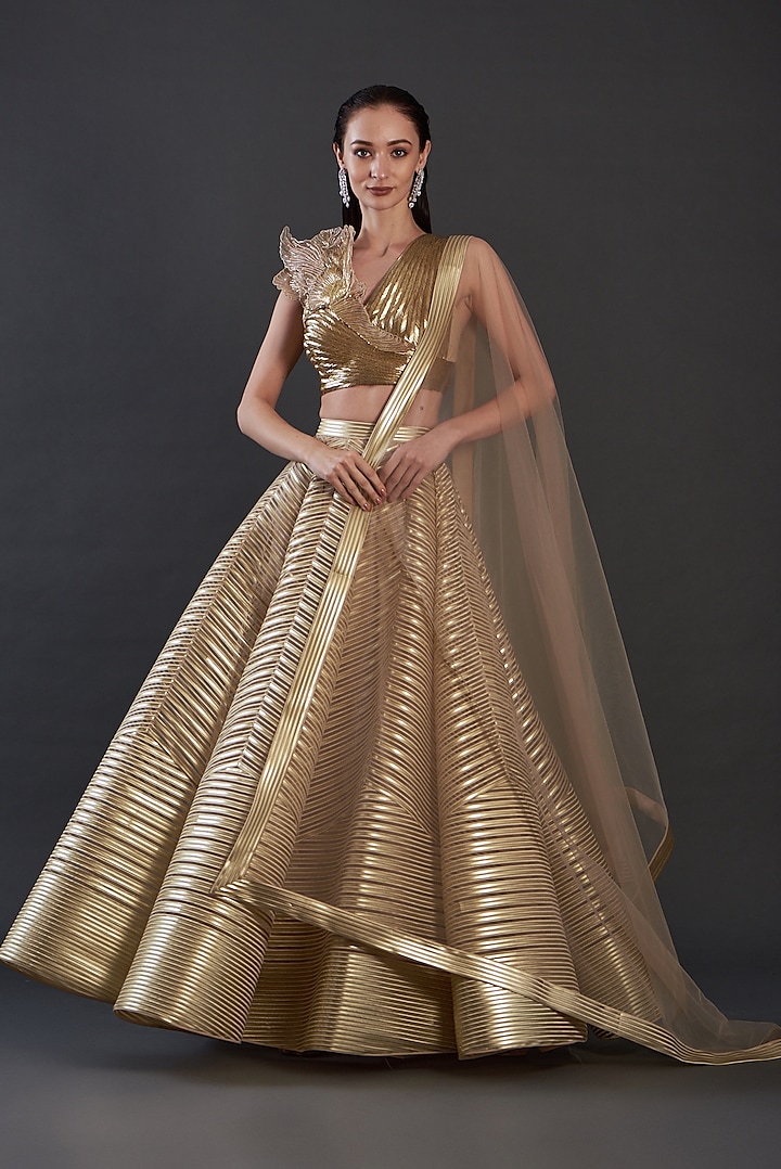 Golden Polymer Striped Lehenga Set by Amit Aggarwal