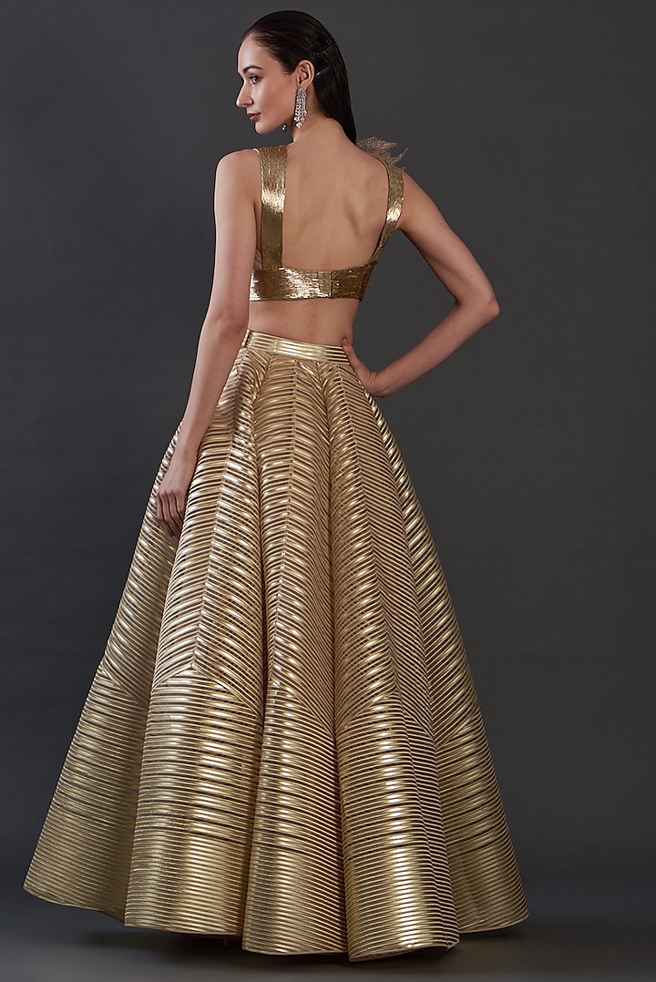 Golden Polymer Striped Bridal Lehenga Set by Amit Aggarwal at Pernia's Pop Up Shop