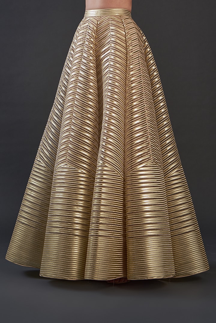 Golden Polymer Striped Bridal Lehenga Set by Amit Aggarwal at Pernia's Pop Up Shop