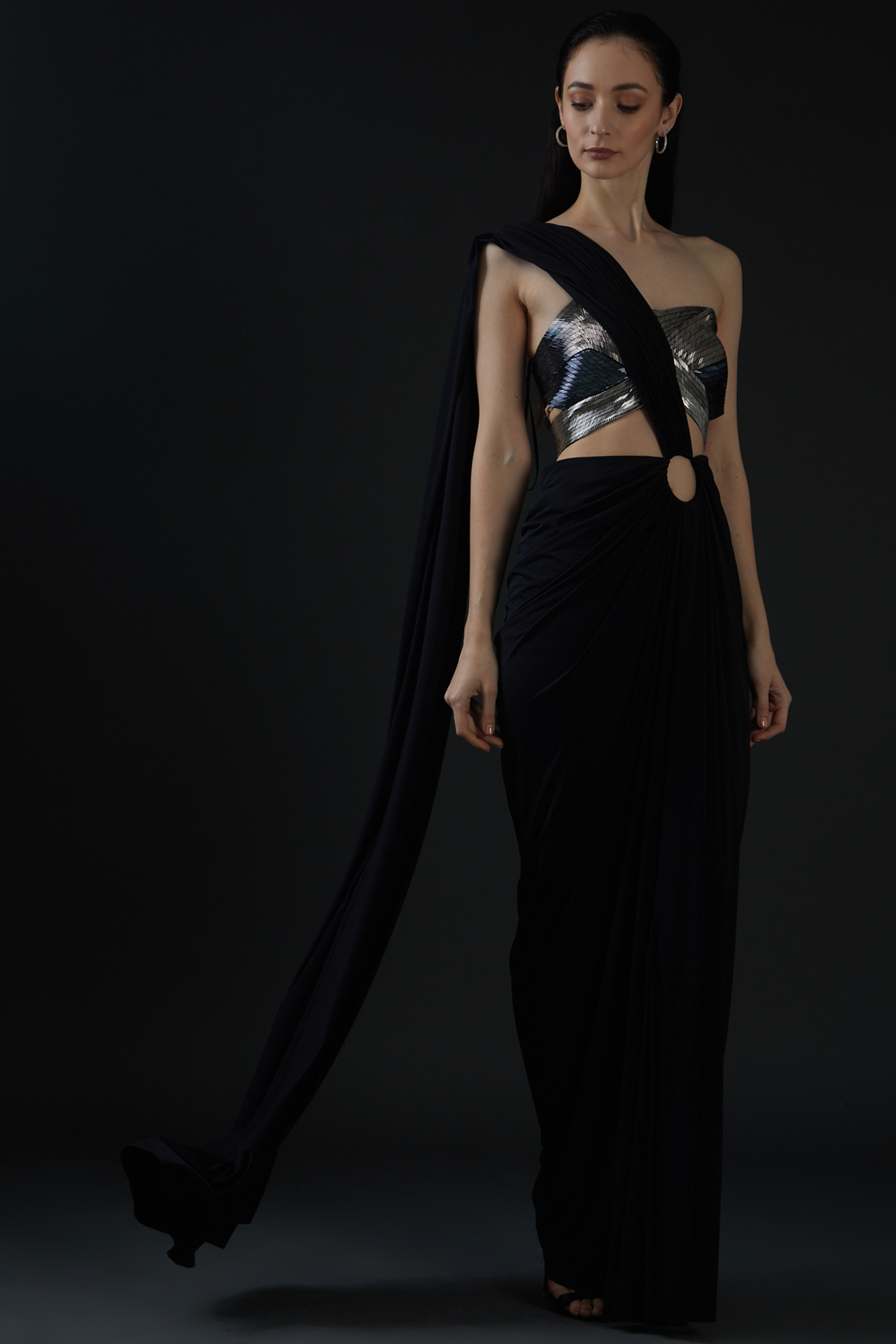 Black Chiffon Draped Reception Saree Set by Amit Aggarwal at Pernia's Pop Up Shop