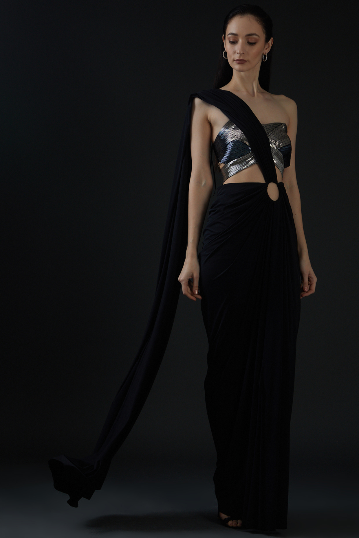 Black Chiffon Draped Saree Set by Amit Aggarwal