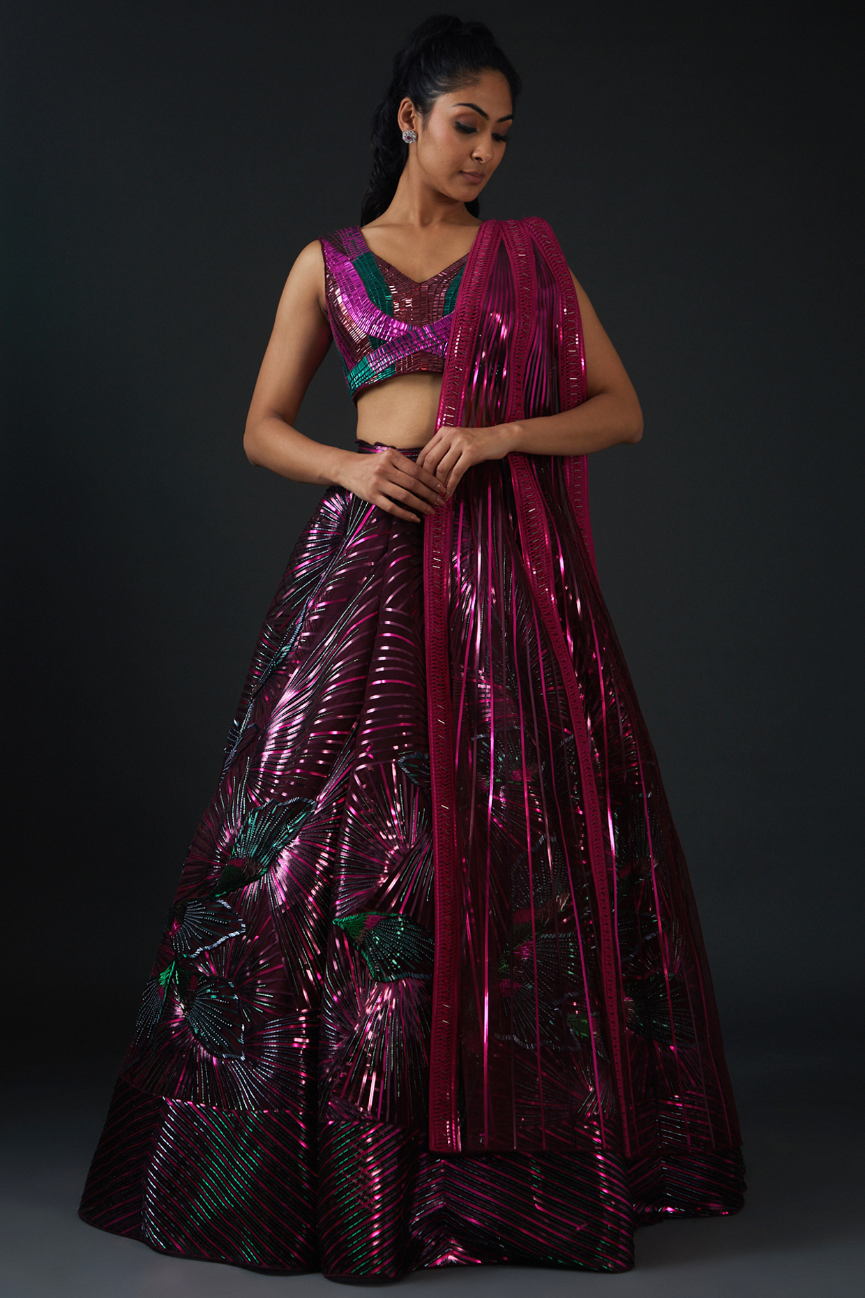 Mauve Polymer Striped Bridal Lehenga Set by Amit Aggarwal at Pernia's Pop Up Shop