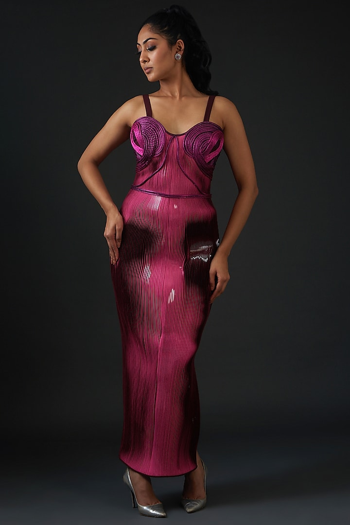 Purple Cotton Satin Striped Gown by Amit Aggarwal