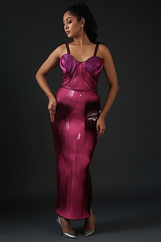 Purple Cotton Satin Striped Gown by Amit Aggarwal