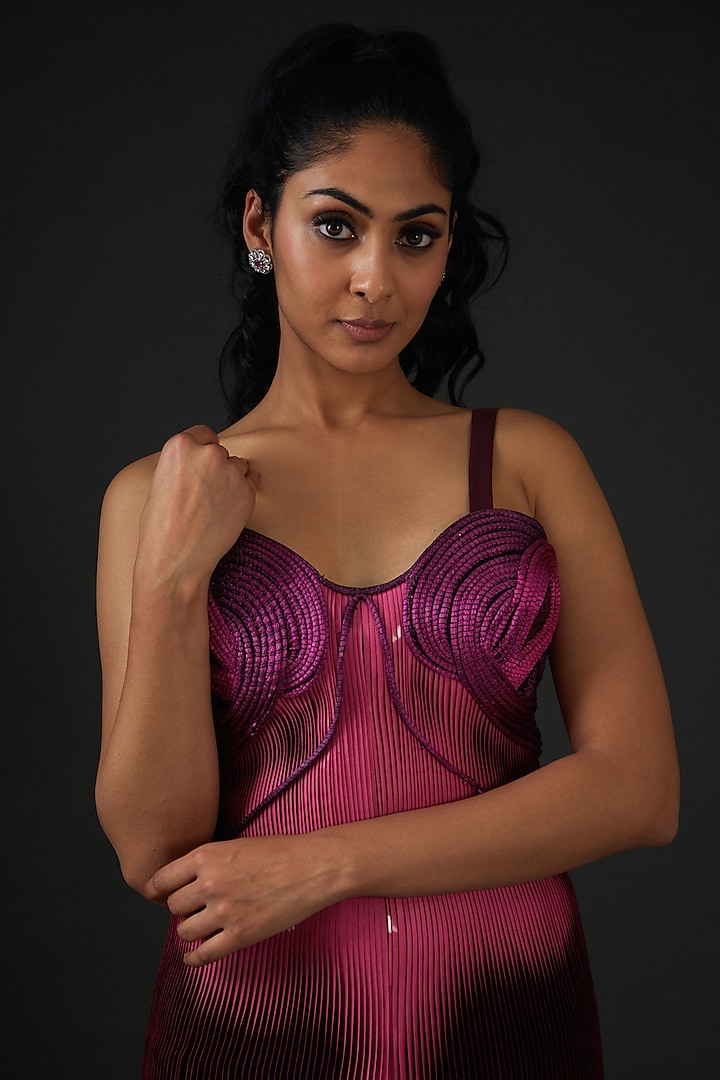 Purple Cotton Satin Striped Wedding Gown by Amit Aggarwal at Pernia's Pop Up Shop
