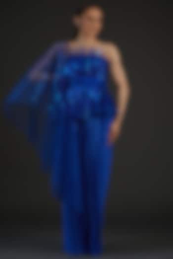 Blue Jersey & Tulle Hand Embroidered Pre-Stitched Saree by Amit Aggarwal