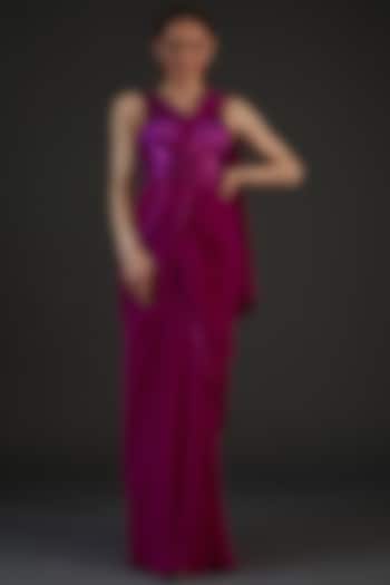 Fuchsia Jersey & Organza Embroidered Draped Peplum Engagement Gown by Amit Aggarwal at Pernia's Pop Up Shop