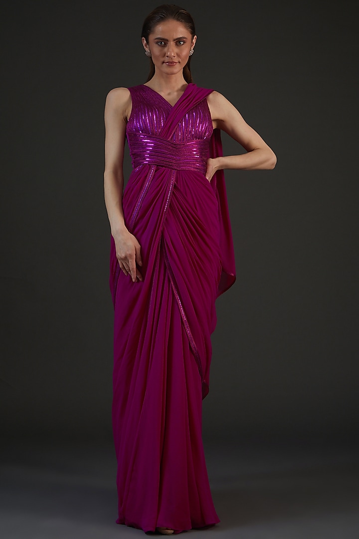Fuchsia Jersey & Organza Embroidered Draped Peplum Engagement Gown by Amit Aggarwal at Pernia's Pop Up Shop