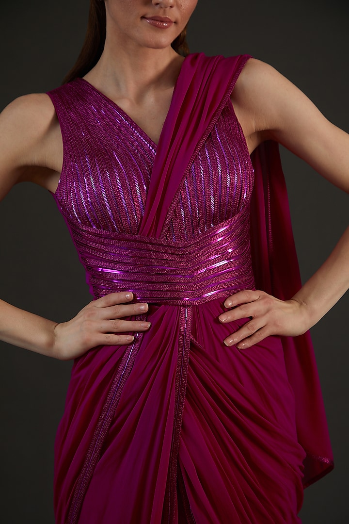 Fuchsia Jersey & Organza Embroidered Draped Peplum Engagement Gown by Amit Aggarwal at Pernia's Pop Up Shop
