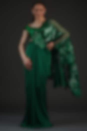 Emerald Green Chiffon & Metallic Polymer Pre-Stitched Reception Saree Set by Amit Aggarwal at Pernia's Pop Up Shop