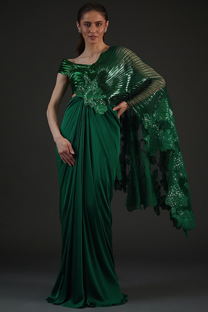Emerald Green Chiffon & Metallic Polymer Pre-Stitched Reception Saree Set by Amit Aggarwal at Pernia's Pop Up Shop