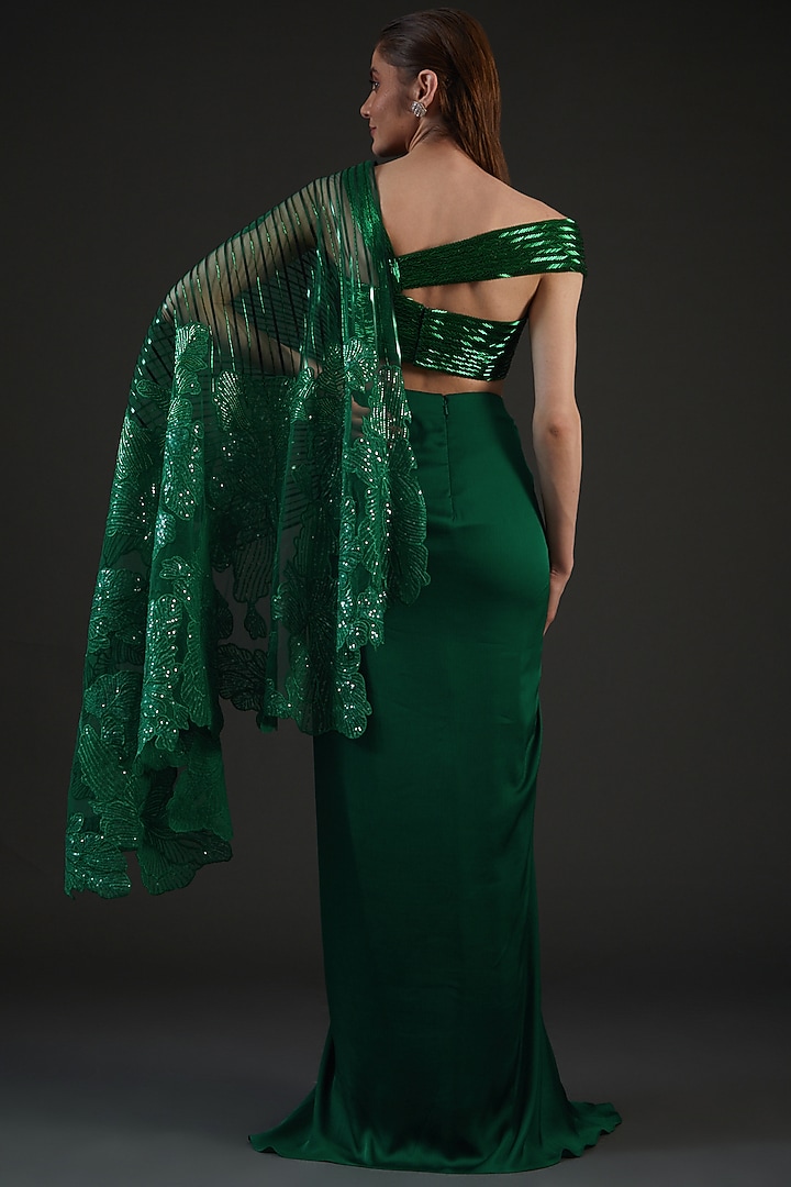 Emerald Green Chiffon & Metallic Polymer Pre-Stitched Reception Saree Set by Amit Aggarwal at Pernia's Pop Up Shop