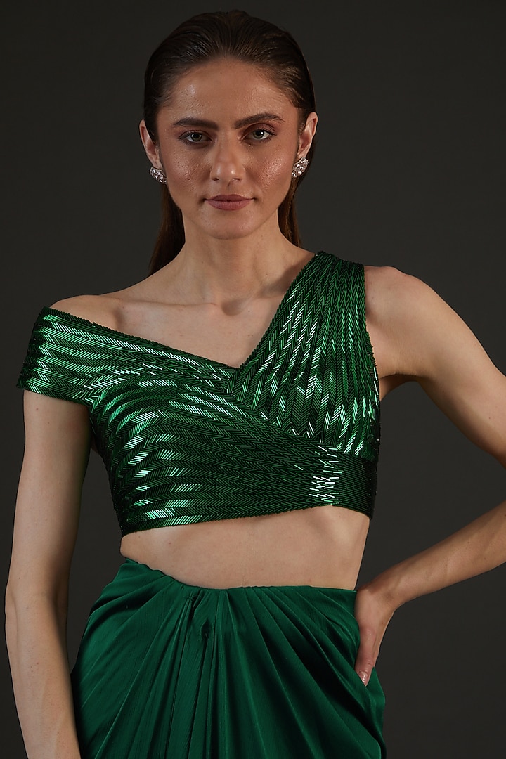 Emerald Green Chiffon & Metallic Polymer Pre-Stitched Reception Saree Set by Amit Aggarwal at Pernia's Pop Up Shop