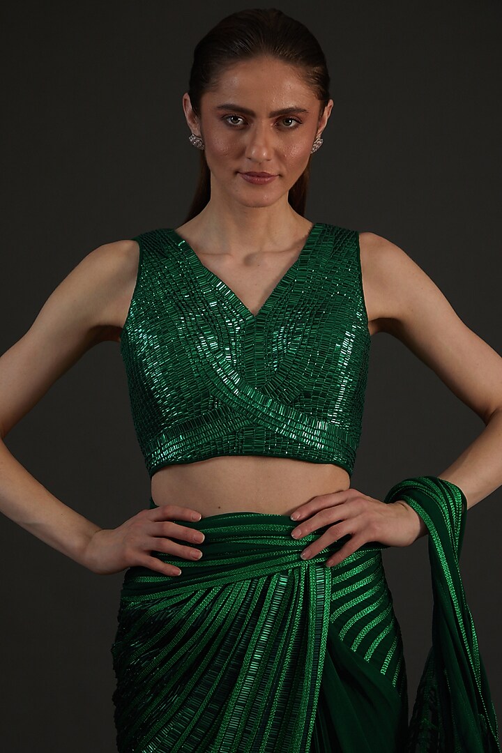 Emerald Green Chiffon & Metallic Draped Bridal Saree Set by Amit Aggarwal at Pernia's Pop Up Shop