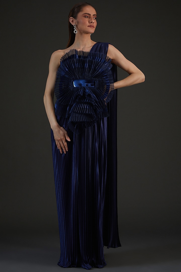 Navy Blue Jersey & Organza Embroidered Gown by Amit Aggarwal