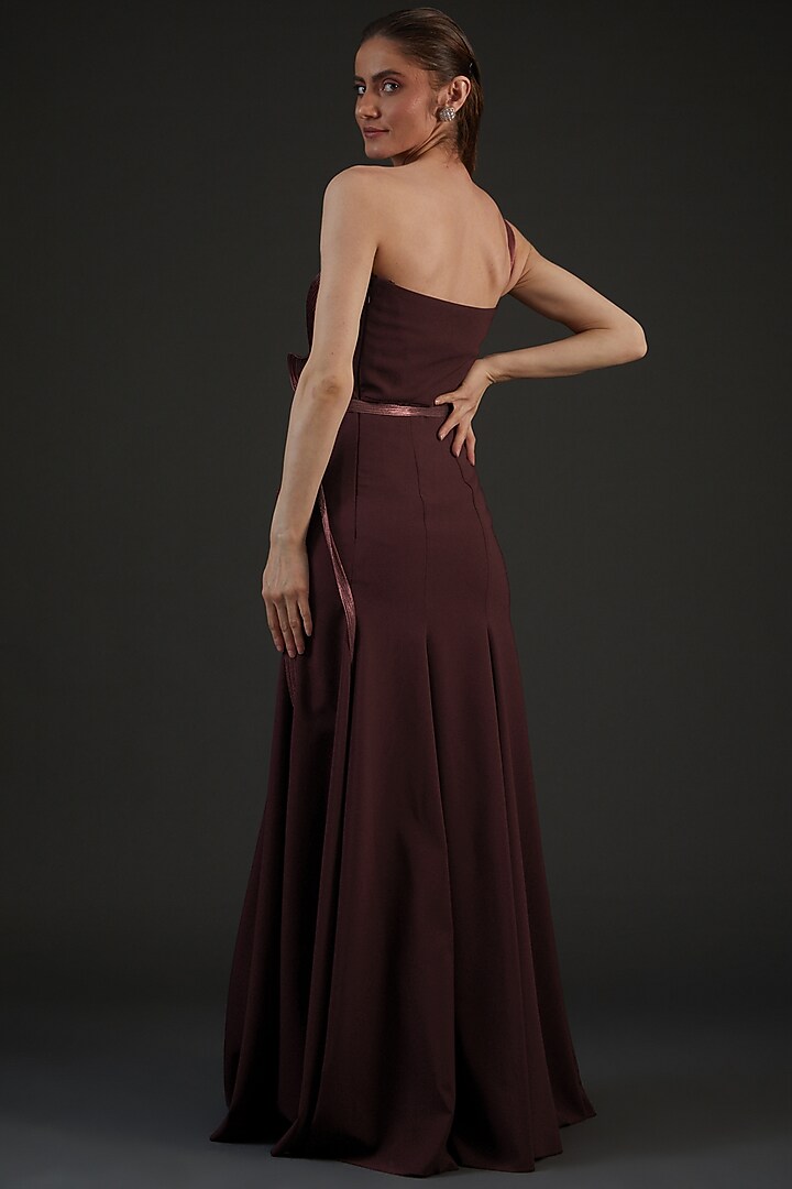 Wine Banana Crepe Moulded Wedding Gown by Amit Aggarwal at Pernia's Pop Up Shop