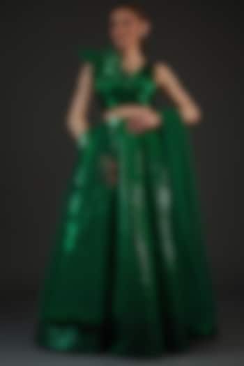 Emerald Green Polymer Striped Bridal Lehenga Set by Amit Aggarwal at Pernia's Pop Up Shop