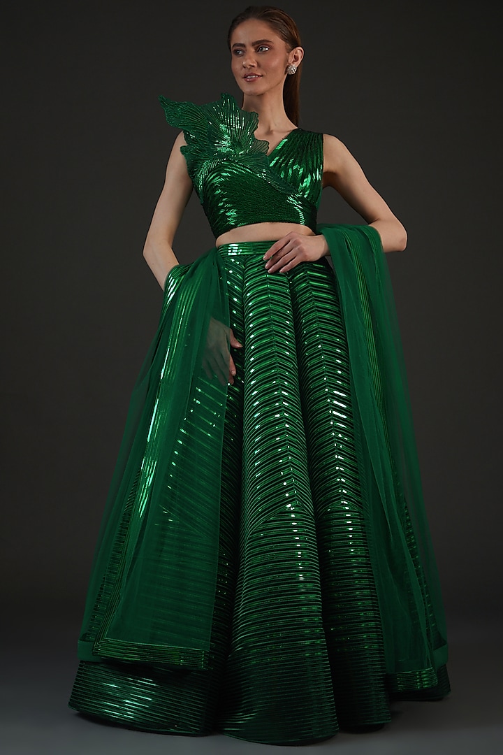 Emerald Green Polymer Striped Lehenga Set by Amit Aggarwal