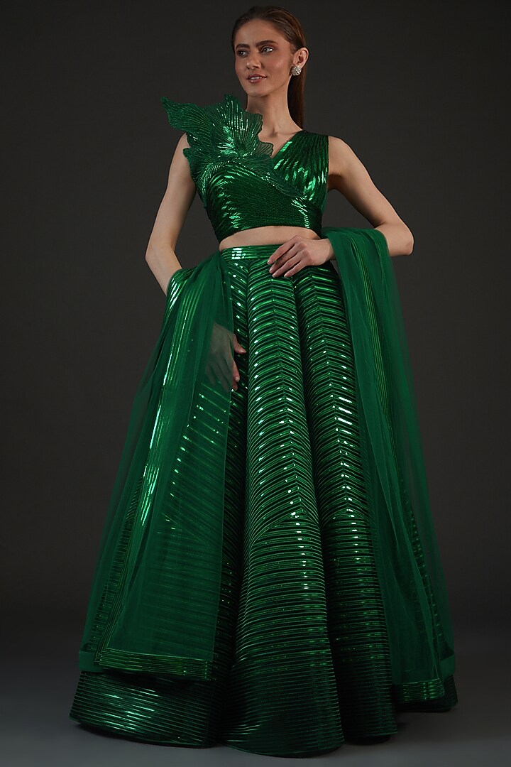 Emerald Green Polymer Striped Bridal Lehenga Set by Amit Aggarwal at Pernia's Pop Up Shop