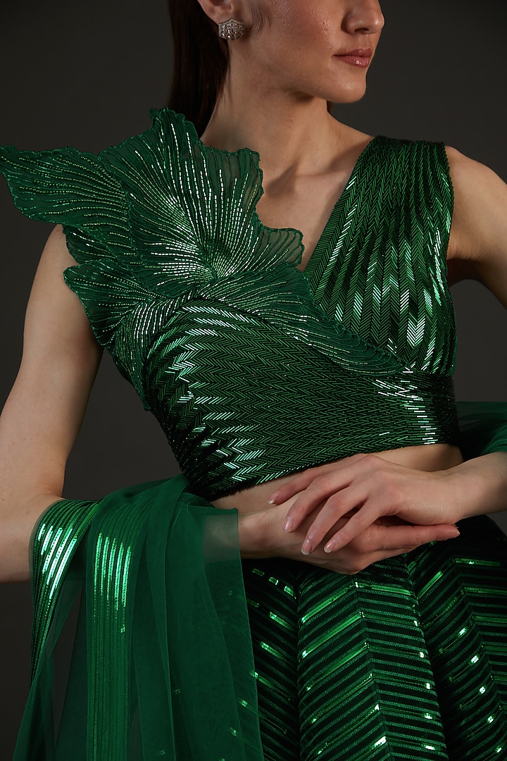 Emerald Green Polymer Striped Bridal Lehenga Set by Amit Aggarwal at Pernia's Pop Up Shop