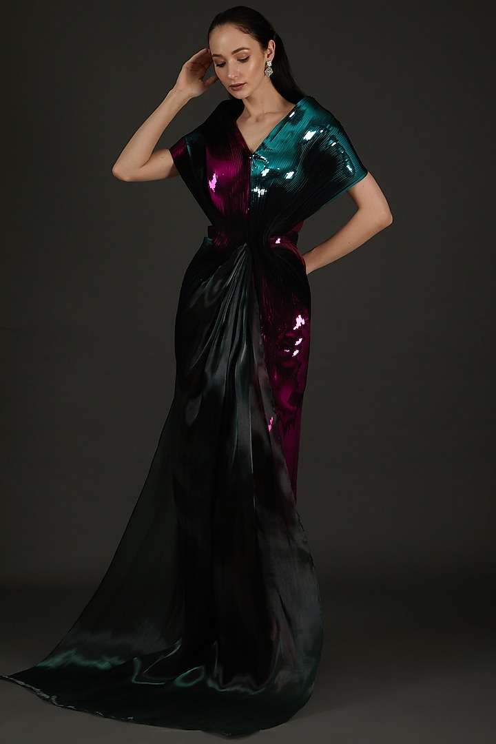 Multi-Colored Crinkled Chiffon Gown by Amit Aggarwal