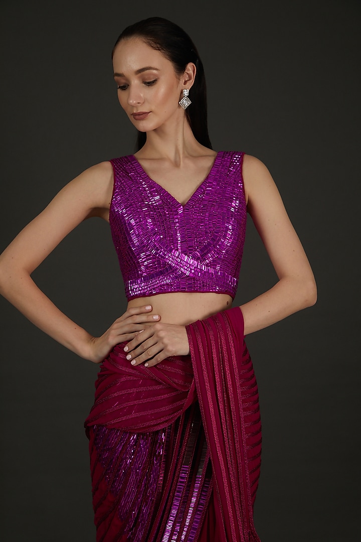 Pink Metallic & Chiffon Ombre Draped Bridal Saree Set by Amit Aggarwal at Pernia's Pop Up Shop