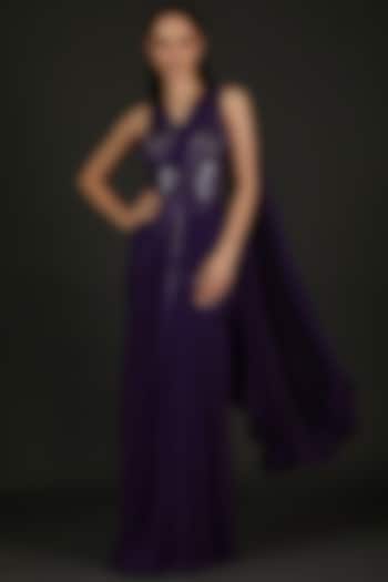 Purple Jersey & Organza Hand Embroidered Draped Gown by Amit Aggarwal