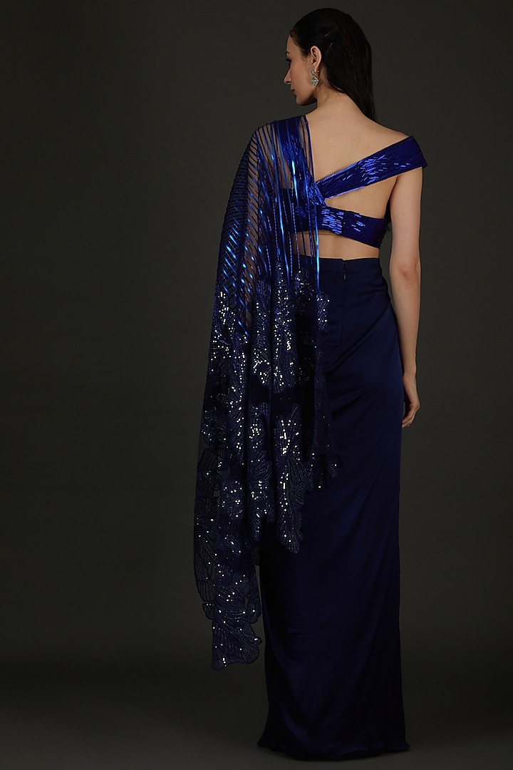 Blue Chiffon & Tulle Pre-Stitched Reception Saree Set by Amit Aggarwal at Pernia's Pop Up Shop