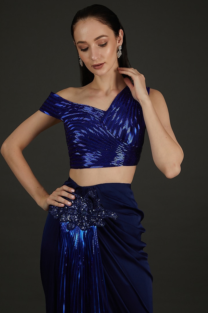 Blue Chiffon & Tulle Pre-Stitched Reception Saree Set by Amit Aggarwal at Pernia's Pop Up Shop