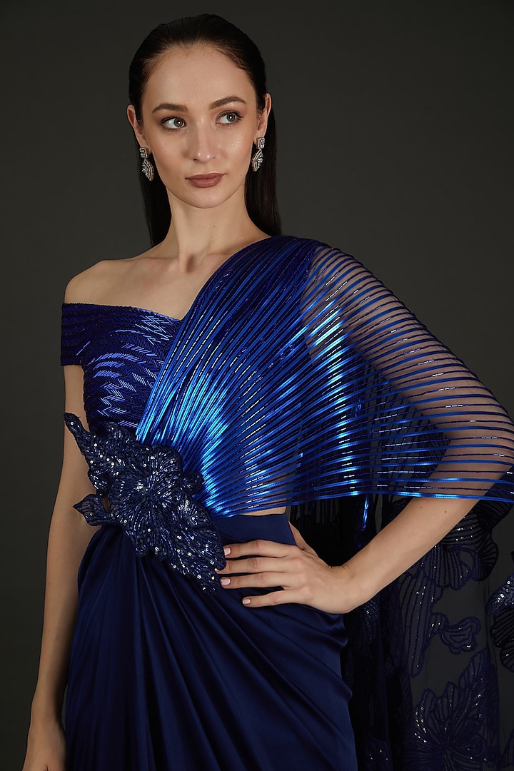 Blue Chiffon & Tulle Pre-Stitched Reception Saree Set by Amit Aggarwal at Pernia's Pop Up Shop