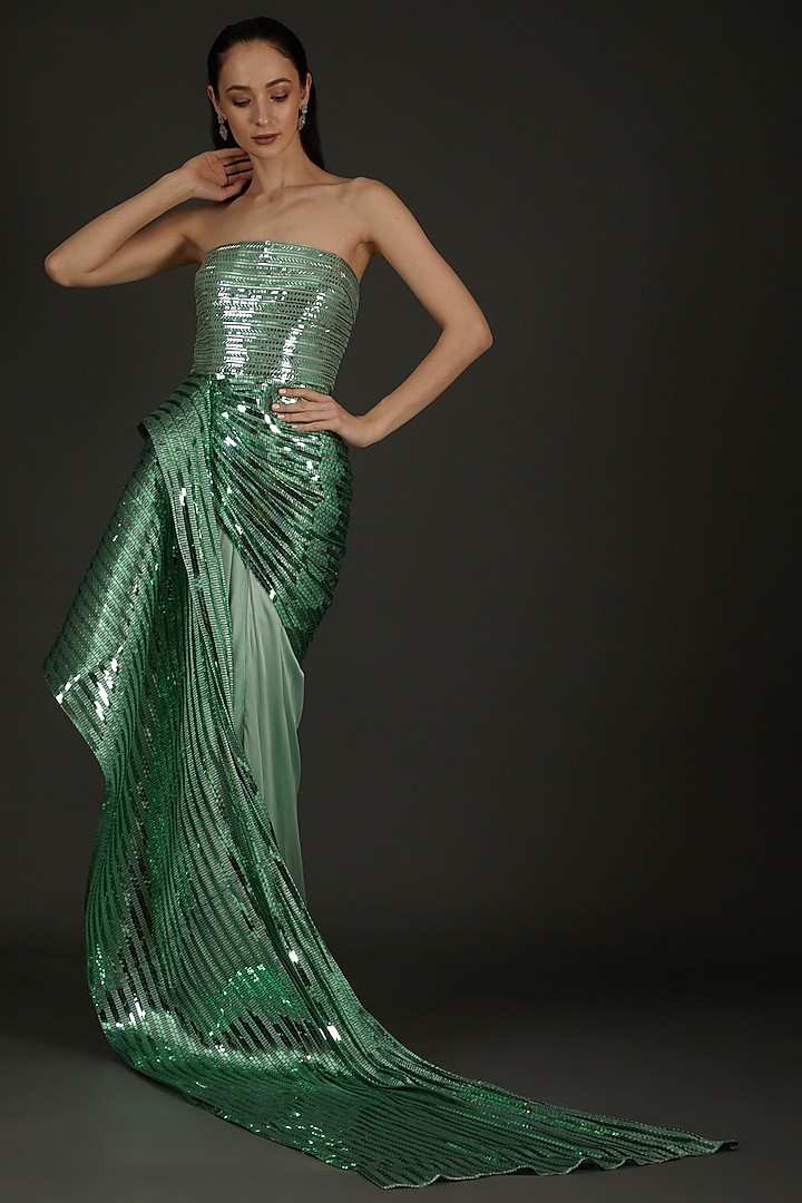 Green Metallic Moulded Wedding Gown by Amit Aggarwal at Pernia's Pop Up Shop