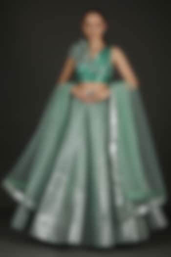 Mint Green Polymer Striped Bridal Lehenga Set by Amit Aggarwal at Pernia's Pop Up Shop